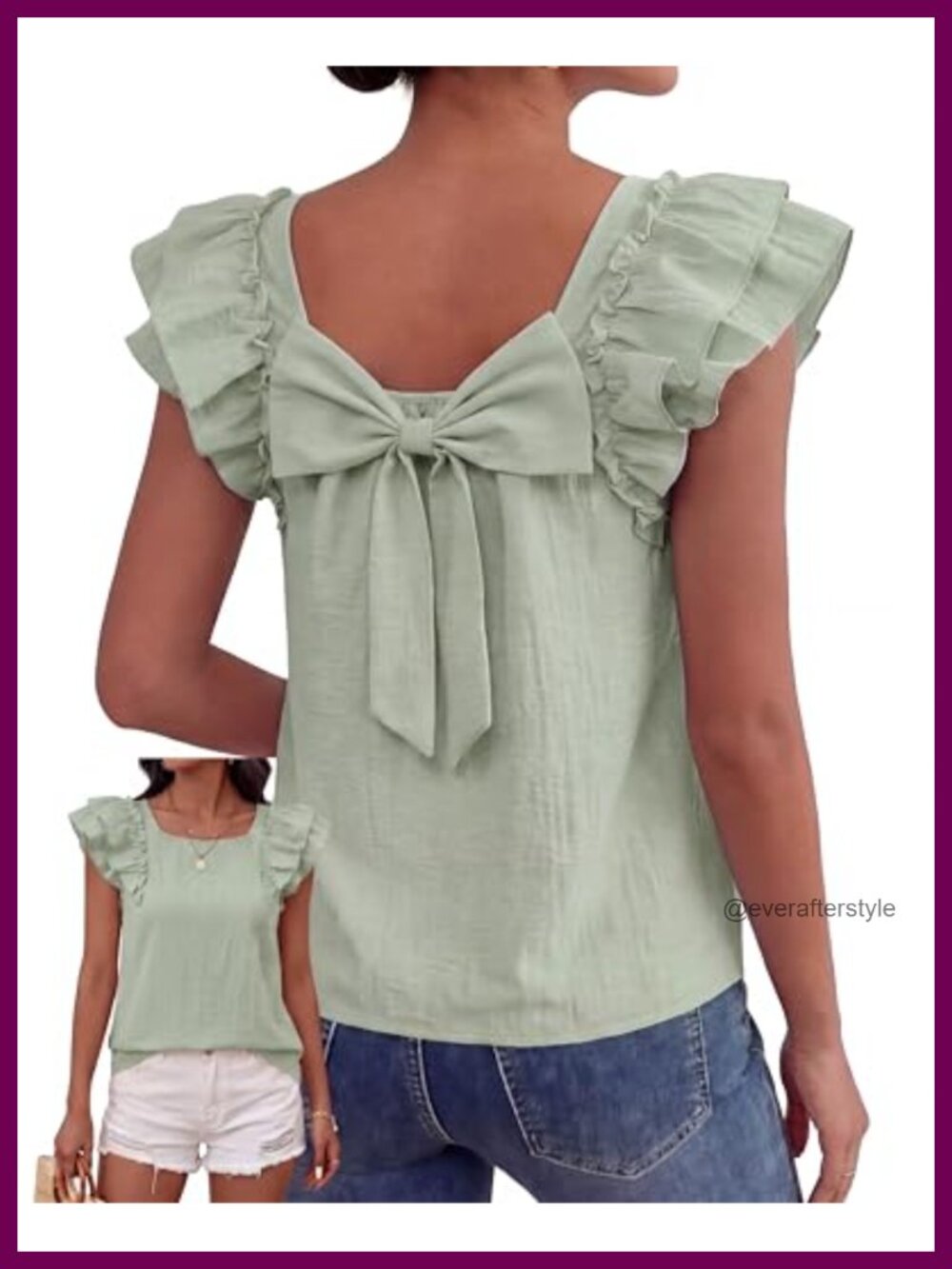 Women Bow Tie Back Ruffle Flutter Sleeve Square Neck Blouse Summer Top